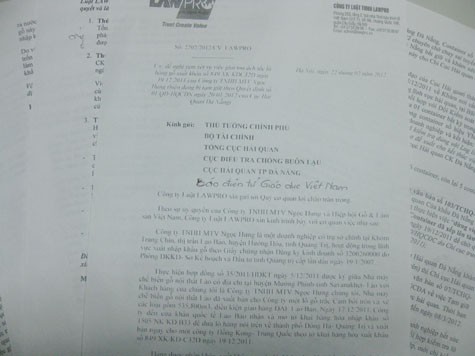 Đơn tố cáo những sai phạm trong quyết định tạm giữ hàng hóa của Chi cục hải quan CK Đà Nẵng do công ty Luật Lawpro, đại diện của công ty Ngọc Hưng gửi đến báo GDVN.
