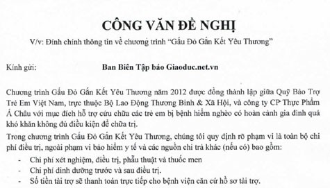 Công văn của mì Gấu đỏ gửi báo GDVN do ông Trần Bảo Minh ký.