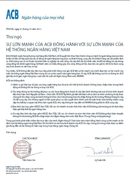 Thư ngỏ“Sự lớn mạnh của ACB đồng hành với sự lớn mạnh của hệ thống ngân hàng Việt Nam” của Chủ tịch và Tổng giám đốc ACB.