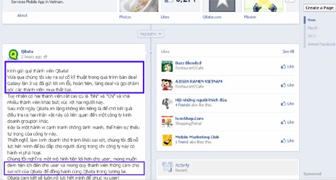 Trên Facebook, Qbata đã nhận sai lỗi kỹ thuật và gửi lời xin lỗi khách hàng (Ảnh chụp từ màn hình).
