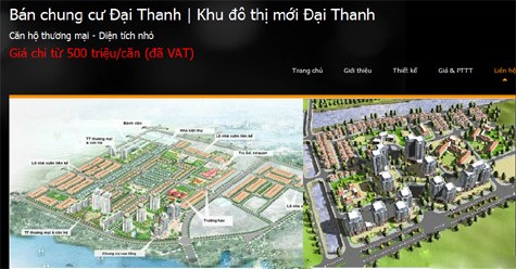 Không ít website vẫn đề giá 500 triệu đồng/căn tại khu độ thị mới Đại Thanh (đã VAT) nhằm "câu khách". (Ảnh chụp màn hình)