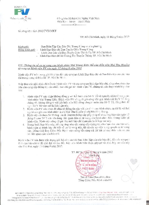 Công văn FV gửi tới báo Giáo dục Việt Nam trong đó nêu rõ: Bệnh viện FV xác nhận không đồng ý với kết luận của Sở Y tế về nguyên nhân tử vong của bệnh nhân Mai Trung Kiên”.