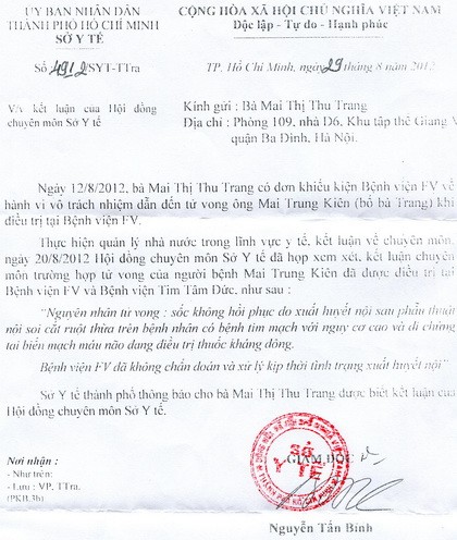 "Vấn đề quan trọng là sự bảo thủ của bác sỹ phẫu thuật, không chịu tiến hành mổ hở cấp cứu ngay để tìm vị trí chảy máu..." đã gây nên cái chết của bệnh nhân Mai Trung Kiên - theo ý kiến của ông Tony Tuan Nguyen (Ảnh: Công văn kết luận của Sở Y tế Tp.HCM).