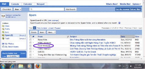 "Bản tin điện tử" của Ford Việt Nam bị liệt vào mục Spam trong hòm mail điện tử của khách hàng. (Ảnh chụp màn hình, do khách hàng cung cấp).
