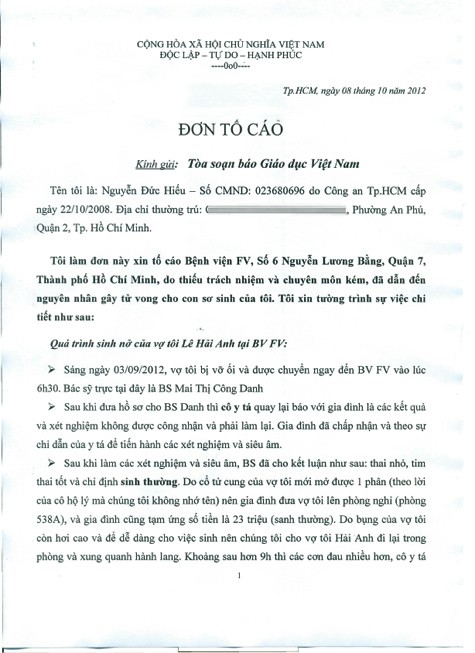 Đơn thư phản ánh của gia đình anh Nguyễn Đức Hiếu gửi báo Giáo dục Việt Nam.