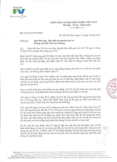 Công văn trả lời của bệnh viện FV gửi báo Giáo dục Việt Nam.