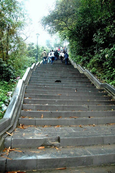 Từ dưới chân núi là 373 bậc thang bằng đá xẻ đá phiến nhẵn bóng dãn khách thập phương lên chùa Long Đọi Sơn. (Ảnh: Đoàn Đức Thành)