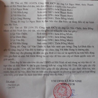 Bản báo cáo về việc ngư dân xã mình bị bắn trên vùng biển Hà Tĩnh của UBND xã Hải Ninh, huyện Tĩnh Gia, tỉnh Thanh Hoá