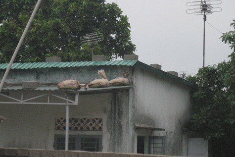 Người dân ven biển Quảng Trị đã dùng các bao tải cát để đè trên các mái nhà đề phòng gió bão (ảnh Trần Lê)