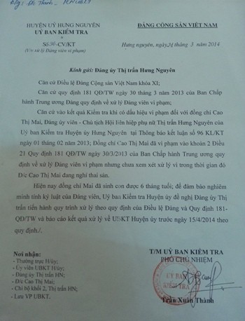 Văn bản của Ủy ban kiểm tra huyện ủy Hưng Nguyên gửi chính quyền thị trấn Hưng Nguyên xem xét xử lý kỷ luật bà Mai theo đúng quy định