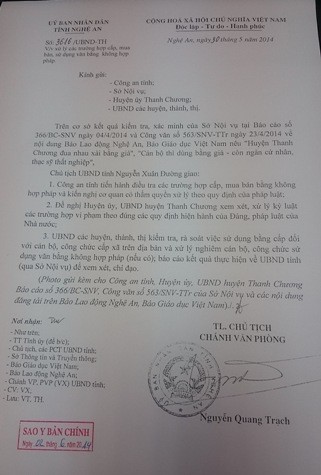 Văn bản trả lời báo Giáo dục Việt Nam của UBND tỉnh Nghệ An về việc xử lý cán bộ, công chức cấp xã sử dụng bằng không hợp pháp, đồng thời yêu cầu các huyện, thành, thị trong toàn tỉnh kiểm tra, rà soát bằng cấp cán bộ, công chức cấp xã