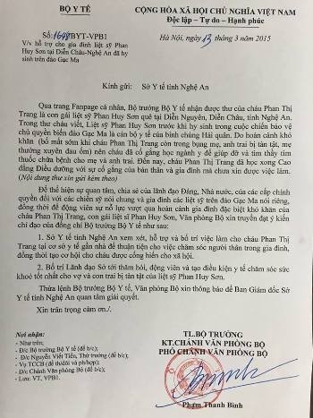 Công văn của văn phòng Bộ Y tế gửi Sở Y tế Nghệ An sau khi nhận tâm thư và xác minh hoàn cảnh của em Phan Thị Trang (ảnh Xuân Hòa)