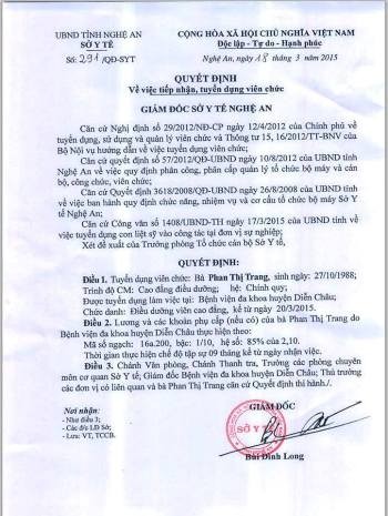 Theo Quyết định từ Sở Y tế Nghệ An, em Trang sẽ bắt đầu làm việc chính thức tại Bệnh viện Đa khoa huyện Diễn Châu từ ngày 20.3 tới (ảnh Xuân Hòa)