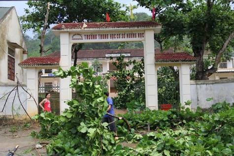 Cây cối bị gió lốc làm đổ ngổn ngang trước cổng Trường Trung học cơ sở xã Mường Nọc (ảnh Nguyễn Cường)