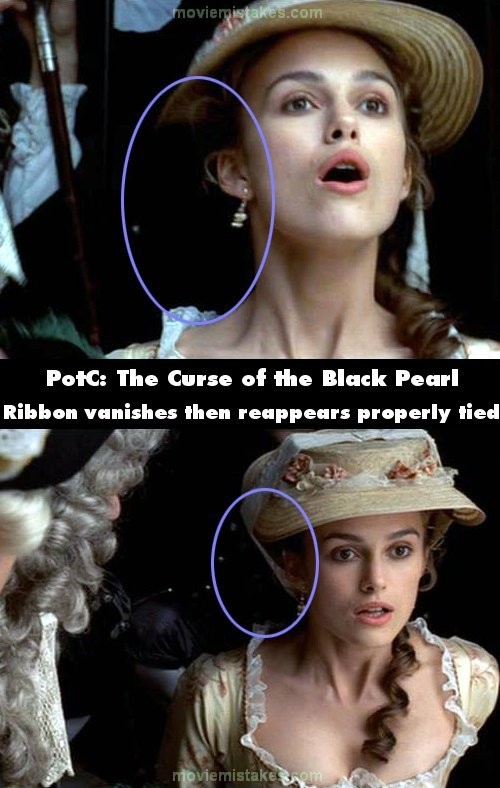 Trong phim "Cướp biển vùng Carribean 1", chiếc ruy băng từ đâu bỗng xuất hiện trên mũ của cô gái.