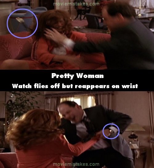 Trong phim "Người đàn bà đẹp", trong cuộc vật lộn, chiếc đồng hồ bị bay ra không hiểu sao lại gọn gàng yên vị trên tay thế kia.