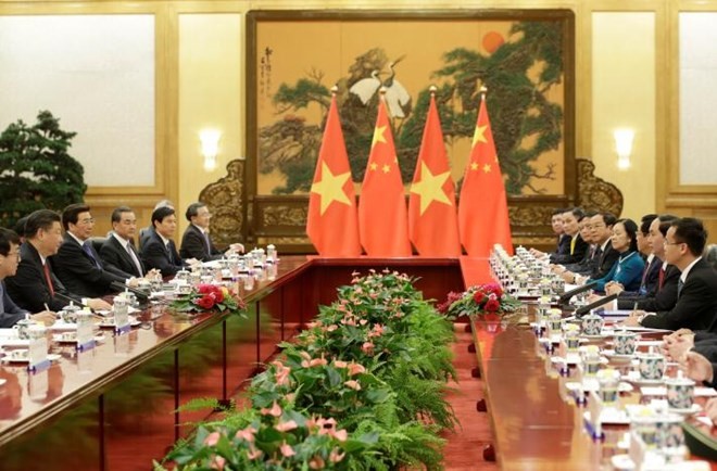 Quang cảnh buổi hội đàm giữa hai nguyên thủ Việt Nam và Trung Quốc. (Ảnh: Reuters)
