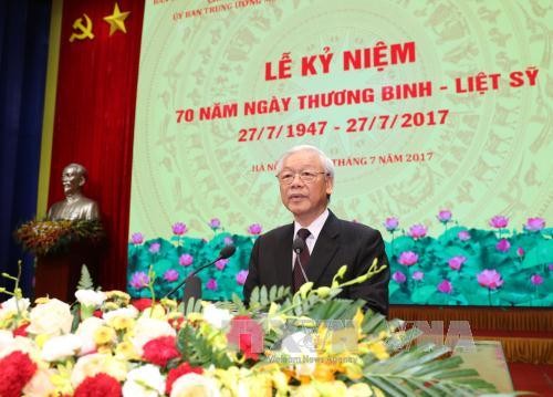 Tổng Bí thư Nguyễn Phú Trọng đọc diễn văn tại Lễ kỷ niệm. Ảnh: Trí Dũng/TTXVN.