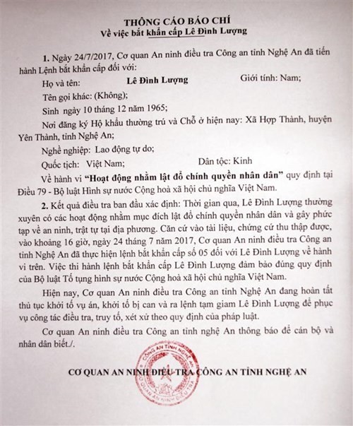 Thông cáo báo chí về việc bắt Lê Đình Lượng. Nguồn: anninhthudo.vn.