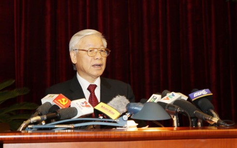 Tổng Bí thư Nguyễn Phú Trọng phát biểu khai mạc Hội nghị Trung ương 6. (Ảnh: TTXVN)