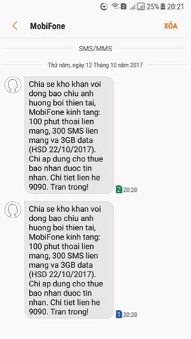 Tin nhắn về gói cước hỗ trợ đồng bào bị ảnh hưởng bởi thiên tai tại các tỉnh Ninh Bình, Phú Thọ, Hà Nam, Hòa Bình, Sơn La, Yên Bái
