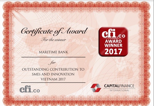 Maritime Bank đã được Tổ chức Capital Finance International trao tặng giải thưởng Giải thưởng Ngân hàng có sáng kiến và đóng góp nổi bật cho doanh nghiệp vừa và nhỏ 2017