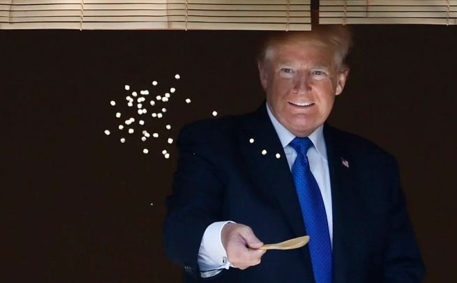 Tổng thống Donald Trump cho cá chép Koy ăn khi tới thăm Nhật Bản, ảnh: AP.