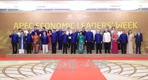 Chủ tịch nước Trần Đại Quang và Phu nhân chụp ảnh chung với Lãnh đạo các nền kinh tế thành viên APEC và Phu nhân. Ảnh: TTXVN