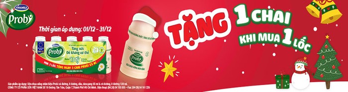 Từ ngày 1/12 đến ngày 31/12, khi mua một lốc sữa chua Probi khách hàng sẽ được tặng một chai.