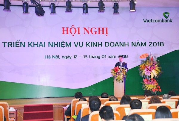 Ông Nghiêm Xuân Thành – Uỷ viên Ban chấp hành Đảng bộ khối Doanh nghiệp Trung ương, Bí thư Đảng ủy, Chủ tịch Hội đồng quản trị Vietcombank phát biểu tại hội nghị.