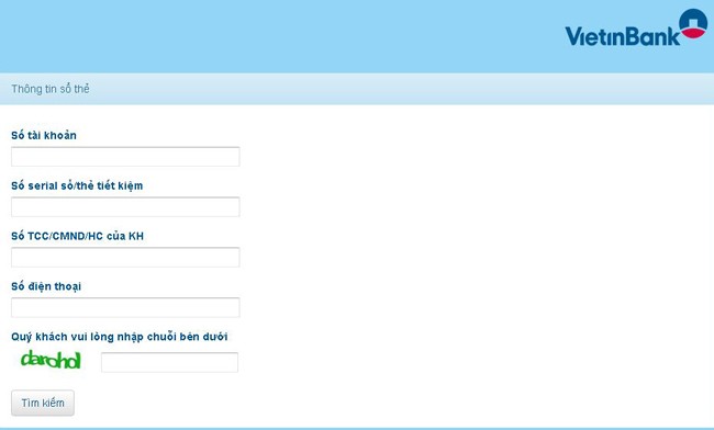 Giao diện của tiện ích tra cứu số dư sổ/thẻ tiết kiệm trên website VietinBank.