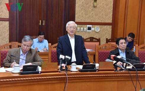 Ban Bí thư Trung ương Đảng họp ngày 10/4 dưới sự chủ trì của Tổng Bí thư Nguyễn Phú Trọng. (Ảnh: VOV)
