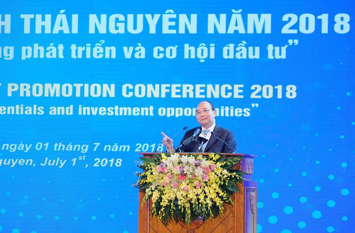 Thủ tướng phát biểu tại Hội nghị xúc tiến đầu tư tỉnh Thái Nguyên năm 2018. Ảnh: VGP