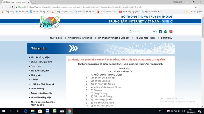 Ảnh chụp màn hình dữ liệu của “Trung tâm Internet Việt Nam”.