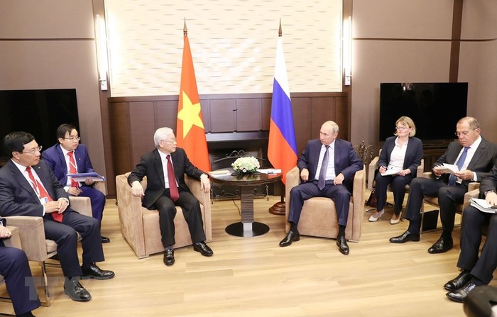 Quang cảnh cuộc hội đàm giữa Tổng Bí thư Nguyễn Phú Trọng và Tổng thống Vladimir Putin.