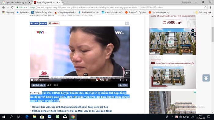 Cô giáo rơm rớm nước mắt vì mất việc (ảnh cắt từ clip của vtv.vn)