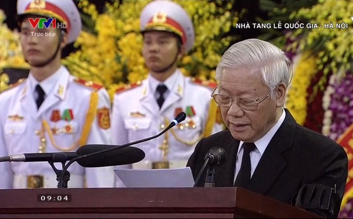 Tổng Bí thư Nguyễn Phú Trọng đọc Điếu văn tưởng nhớ đồng chí Đỗ Mười tại Lễ Truy điệu