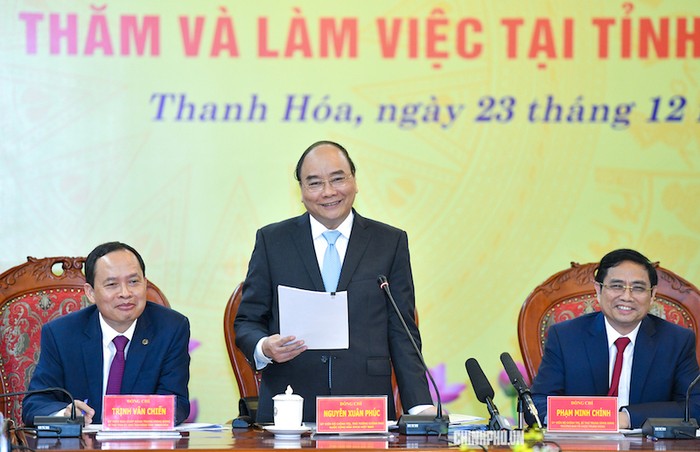 Thủ tướng Nguyễn Xuân Phúc cho rằng, Thanh Hóa đã phát triển tương đối toàn diện trong 3 năm qua, để lại nhiều ấn tượng mạnh mẽ, trước hết là tăng năng lực, quy mô sản xuất. Ảnh: Chinhphu.vn