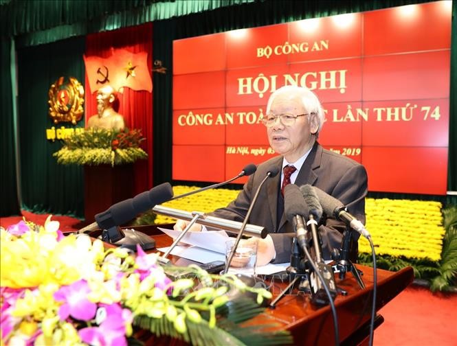 Tổng Bí thư, Chủ tịch nước Nguyễn Phú Trọng phát biểu tại Hội nghị Công an toàn quốc lần thứ 74. Ảnh: Trí Dũng/TTXVN