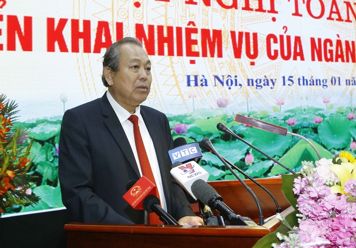 Phó Thủ tướng Thường trực Chính phủ Trương Hòa Bình phát biểu tại Hội nghị toàn quốc triển khai nhiệm vụ năm 2019 của Bộ Nội vụ. Ảnh: VGP