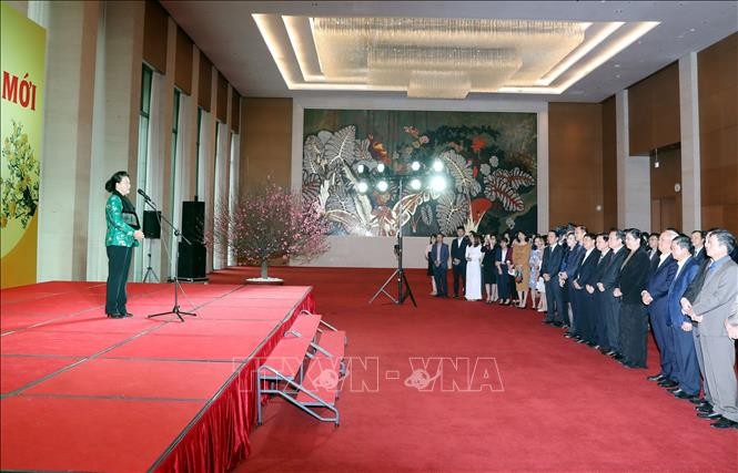 Chủ tịch Quốc hội Nguyễn Thị Kim Ngân phát biểu chúc Tết. Ảnh: Trọng Đức/TTXVN