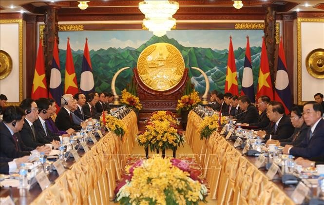 Tổng Bí thư, Chủ tịch nước Nguyễn Phú Trọng hội đàm với Tổng Bí thư, Chủ tịch nước Lào Bounnhang Vorachith. Ảnh: Trí Dũng/TTXVN