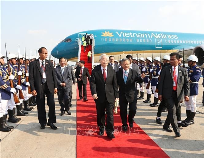 Tổng Bí thư, Chủ tịch nước Nguyễn Phú Trọng đến Phnom Penh, Campuchia. Ảnh TTXVN