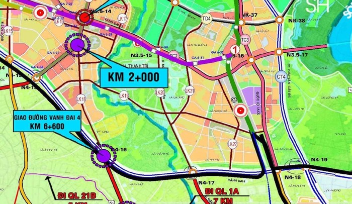 Tuyến đường 50m (Ký hiệu LK19) đi qua khu đất A2.10 và B2.4 kết nối khu đô thị Thanh Hà với khu vực Hà Đông, Thanh Oai, Thanh Trì nối vào đường vàng đai 4