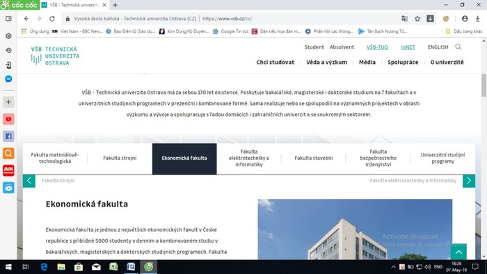 Ảnh chụp màn hình trang web Đại học Kỹ thuật Ostrava - VŠB