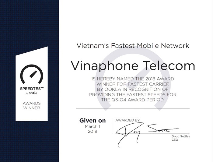 Chứng nhận của SpeedTest về VinaPhone có tốc độ 3G, 4G nhanh nhất Việt Nam.