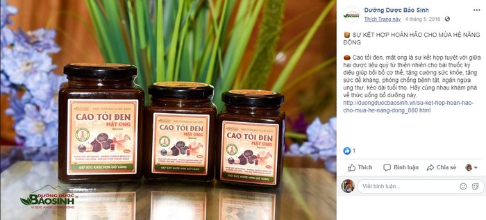 Người tiêu dùng nên cẩn trọng với thông tin quảng cáo sản phẩm Cao tỏi đen mật ong trên trang https://www.facebook.com/pg/duongduocbaosinh.vn/posts/. (Ảnh: Suckhoedoisong.vn)