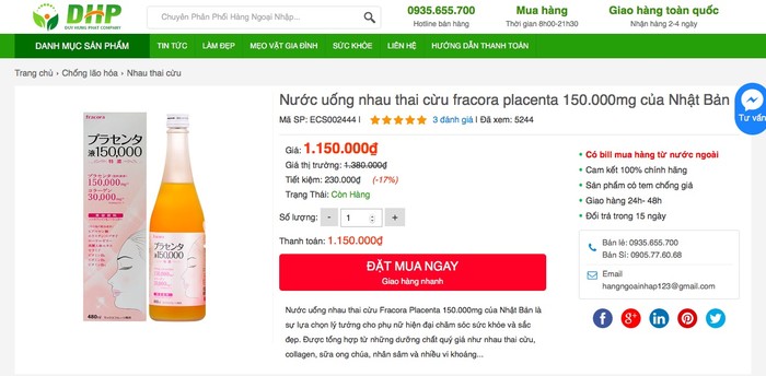 Cục An toàn thực phẩm cảnh báo về thông tin quảng sản phẩm Thực phẩm bảo vệ sức khỏe Fracora Placenta Drink 150.000 mg trên website: hangngoainhap.com.vn có dấu hiệu lừa dối người tiêu dùng.