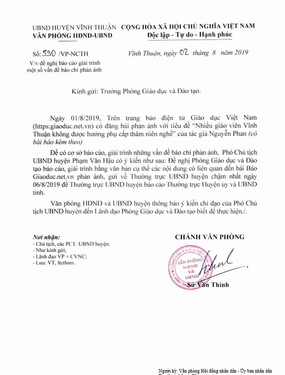 Ủy ban Nhân dân huyện Vĩnh Thuận đã có công văn đề nghị báo cáo giải trình. (Ảnh do tác giả cung cấp)