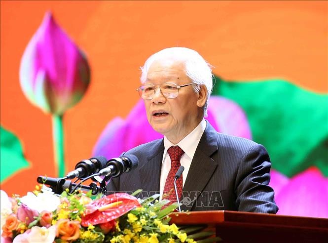 Tổng Bí thư, Chủ tịch nước Nguyễn Phú Trọng đọc diễn văn tại buổi lễ. Ảnh: Phương Hoa /TTXVN